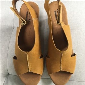 Clark’s mustard yellow sling back wedge